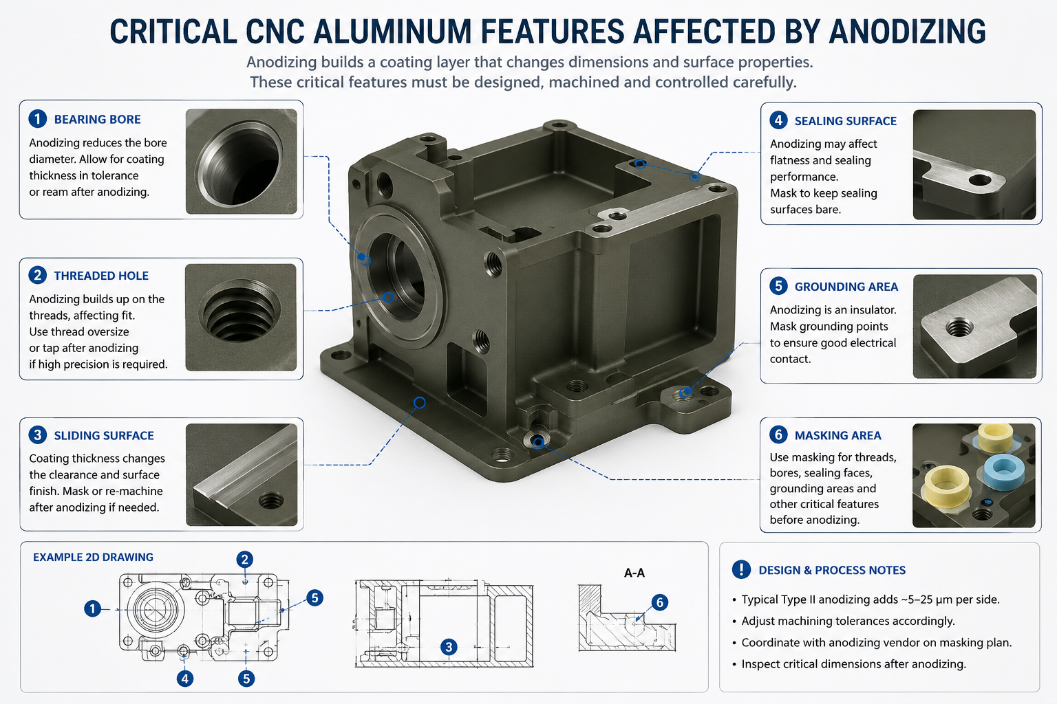 图1：critical cnc aluminum features affected by anodizing.
