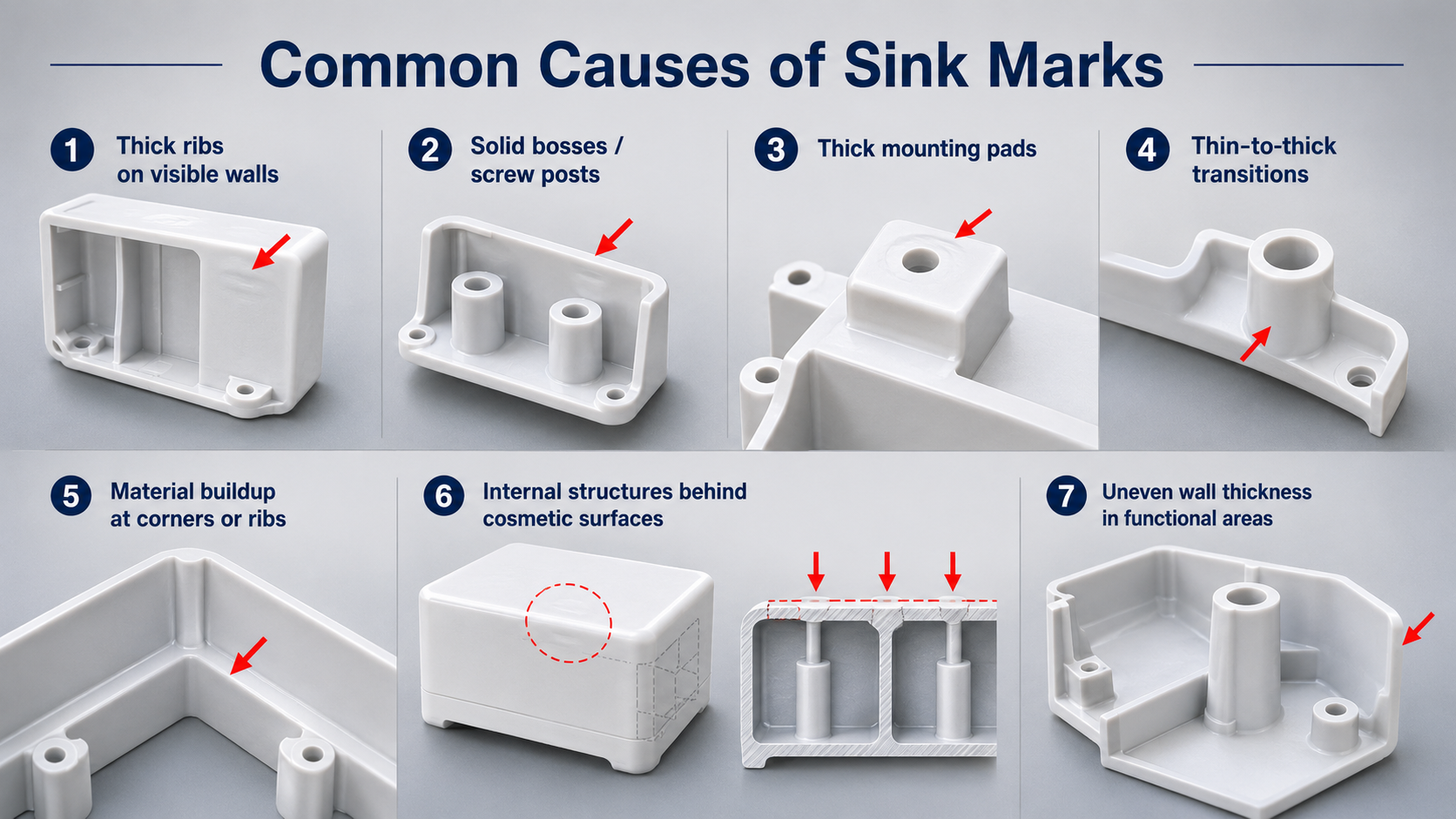 图1：sink marks caused by uneven shrinkage in injection molded parts