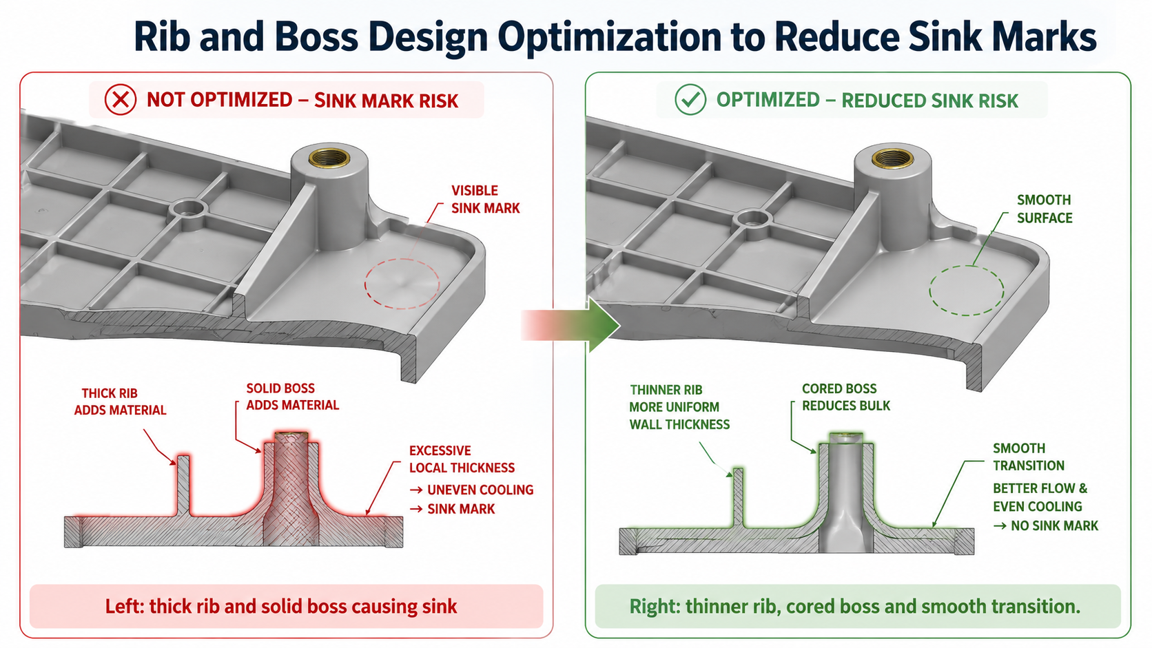 图3：rib and boss design optimization to reduce sink marks