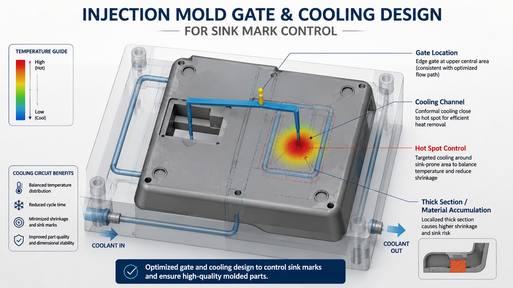 图4：injection mold gate and cooling design for sink mark control