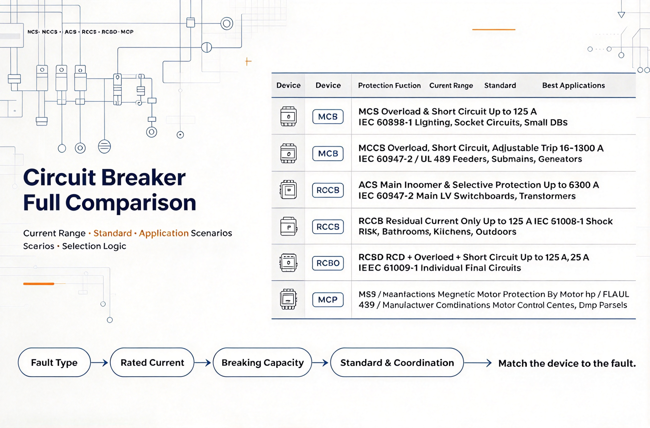 26.10.22 mcb, mccb, acb, rccb, rcbo, mcp full comparison table current range, standard, application scenarios 封面