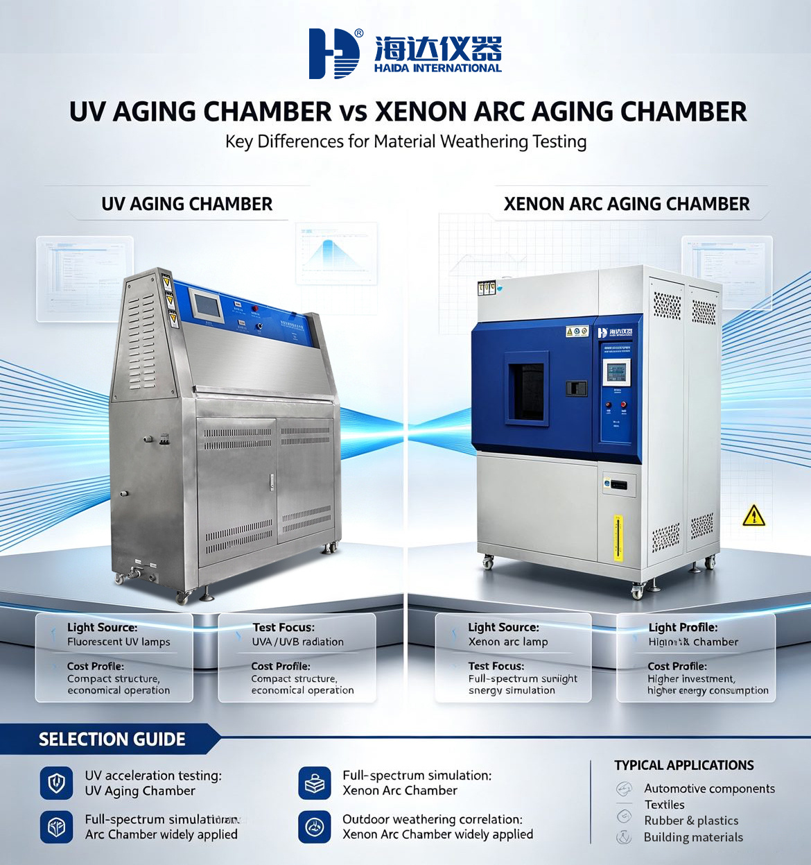 UV aging chamber vs xenon arc aging chamber comparison by Haida International