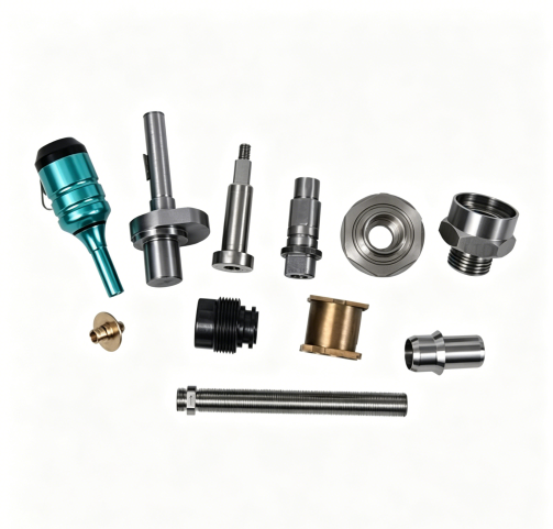 Assorted custom CNC turned components with polished and colored finishes