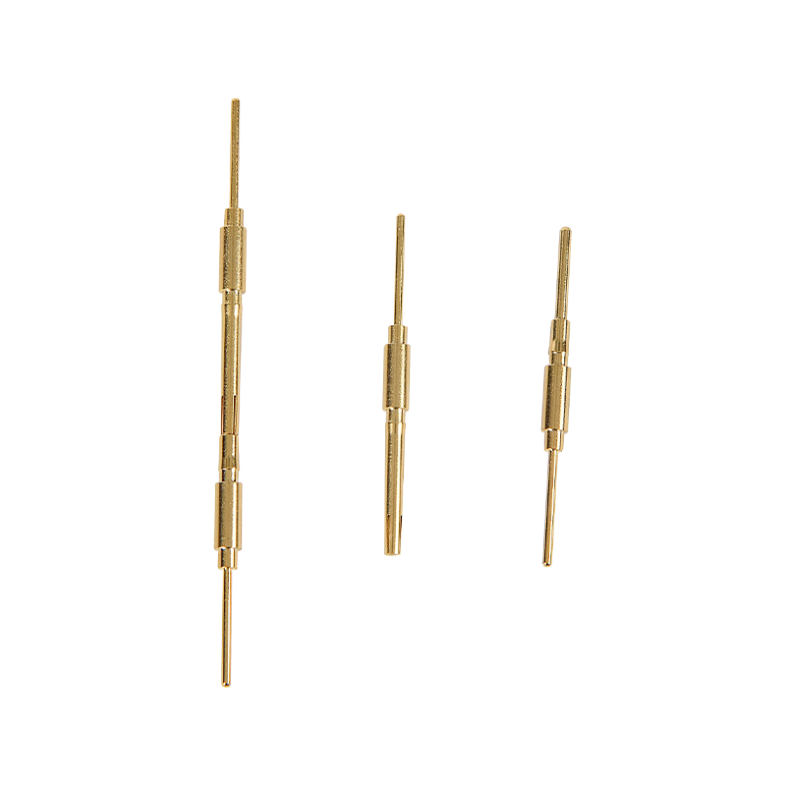Three custom precision brass connector pins with stepped shafts