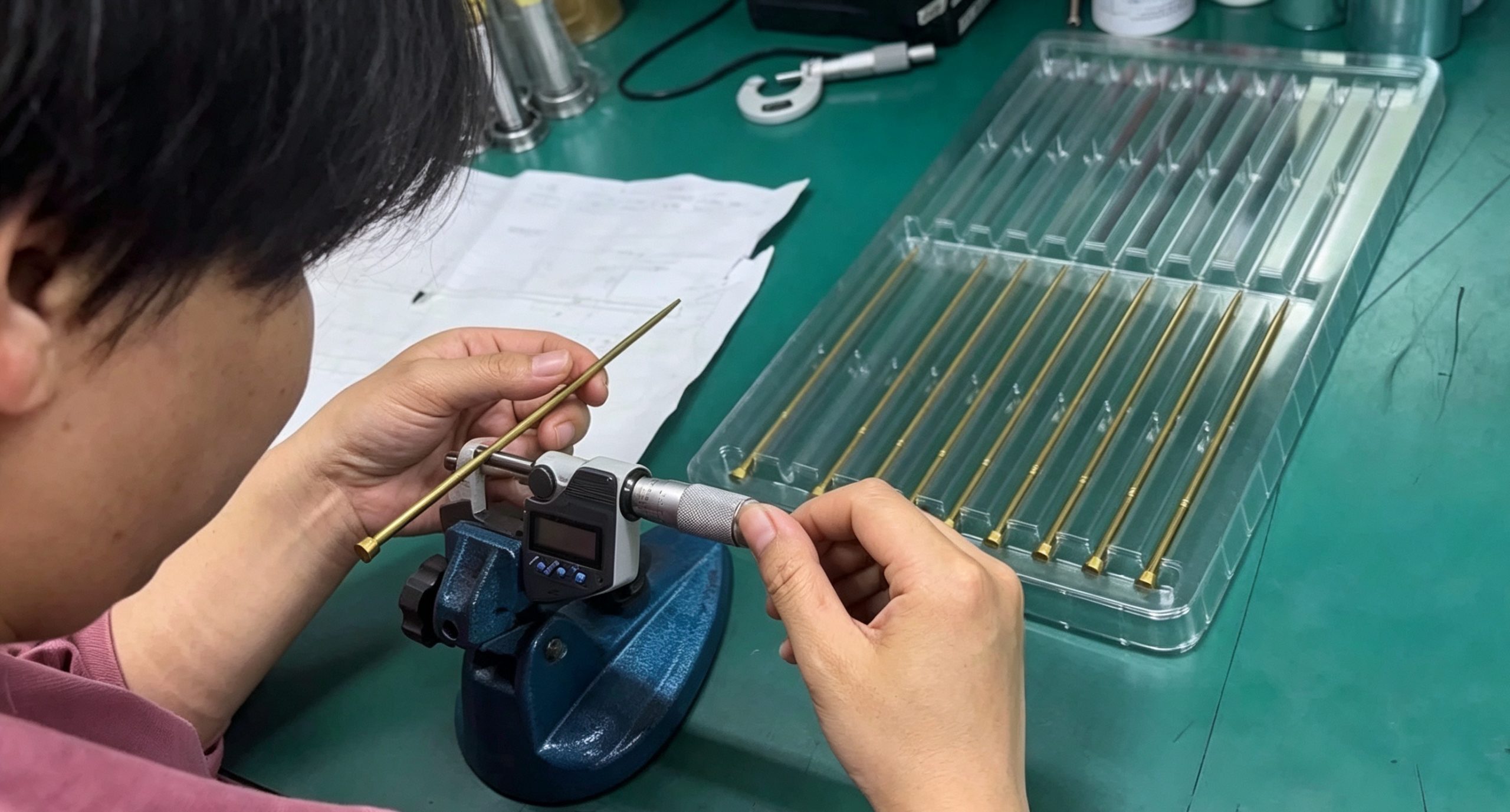 Quality inspection: Measuring part outer‑diameter with digital micrometer for tight tolerance control