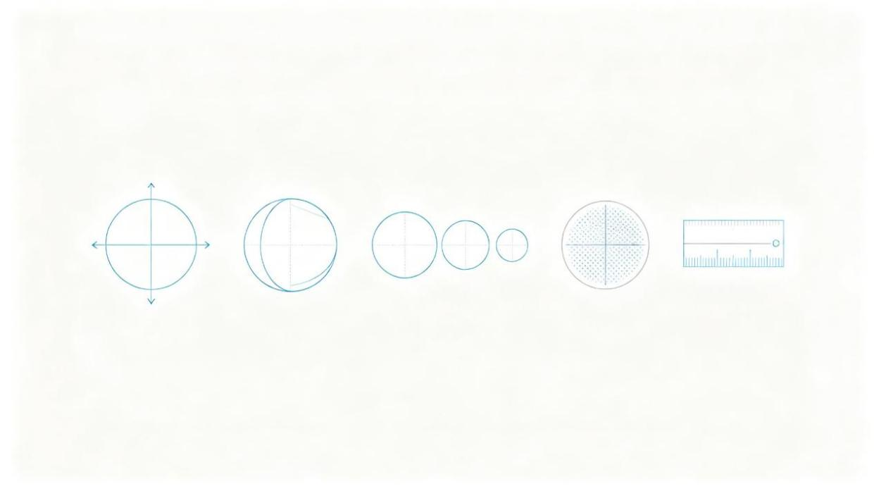 Measurement icons for the five core precision ball metrics: diameter variation, sphericity, lot variation, surface roughness, and nominal diameter